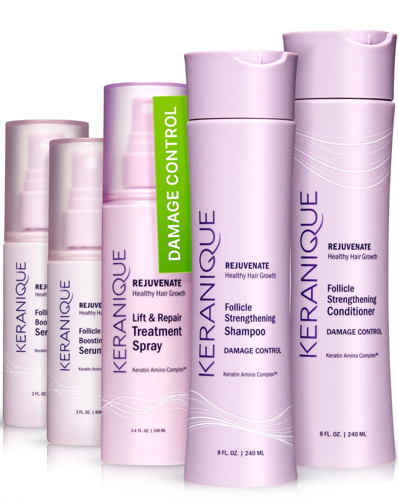 Keranique Damage Control Set for Thinning Hair - Shampoo and Conditioner for Damaged Hair, Follicle Booster Serum, Lift & Repair Spray - Keratin Enriched Repair Products for Women with Dry, Thin Hair - Image 1